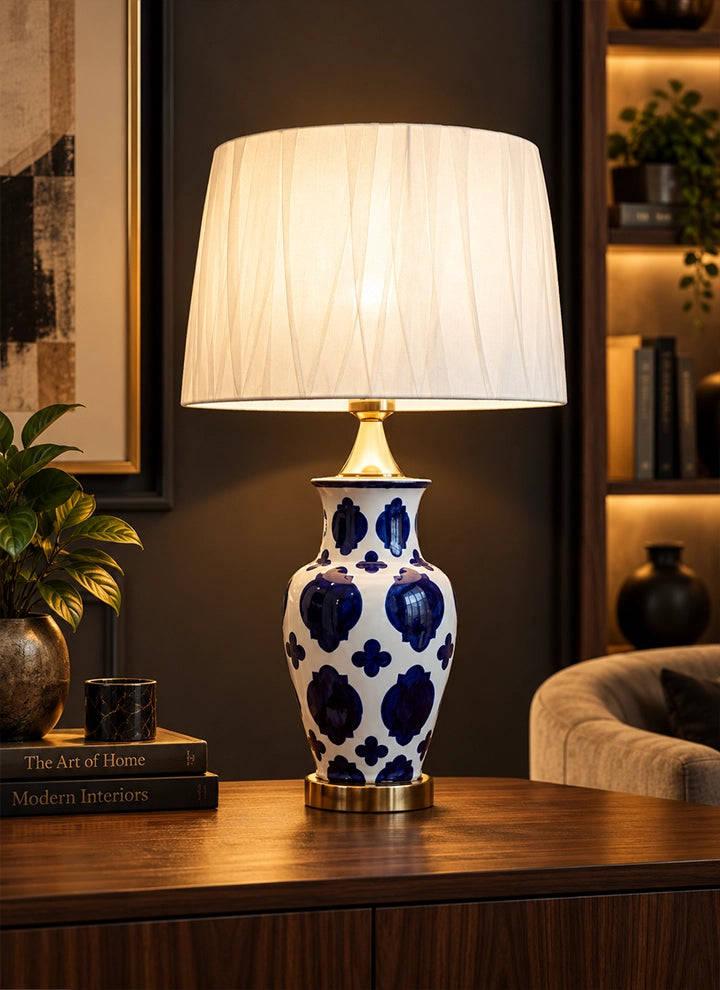 Azure Quatrifoil Patterned Ceramic Lamp (Pair)